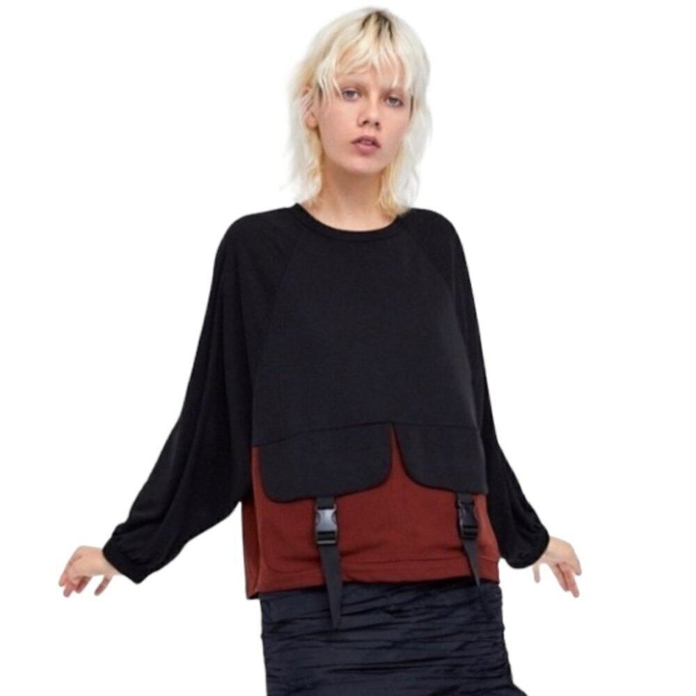Zara Basic Black Red Color Block Long Sleeve Crewneck Shirt Size S